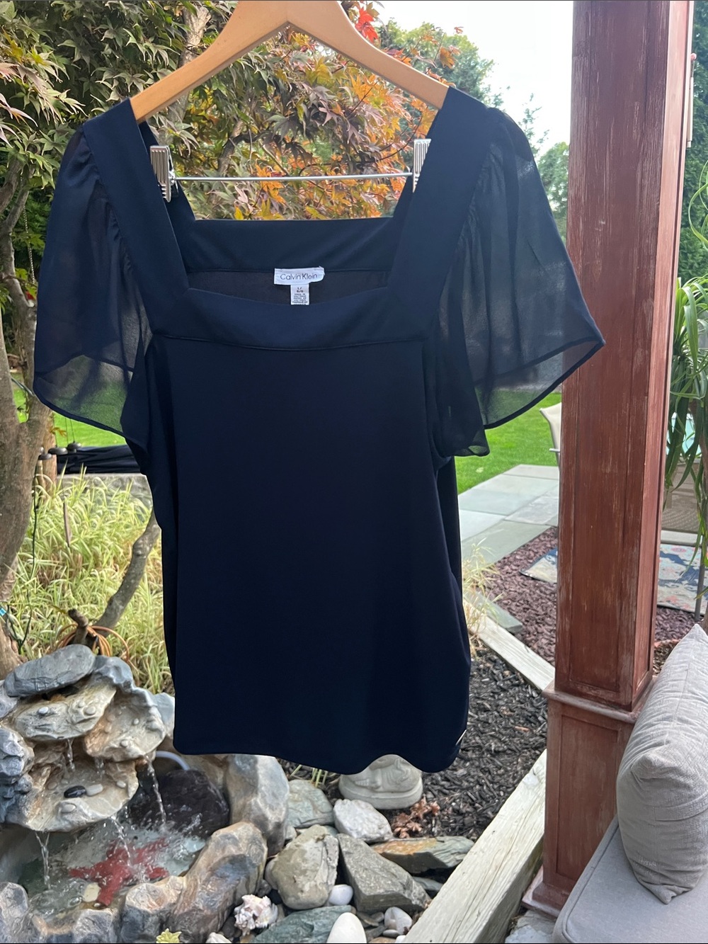 Calvin Klein Black Square Neck Flutter Sleeve Blouse